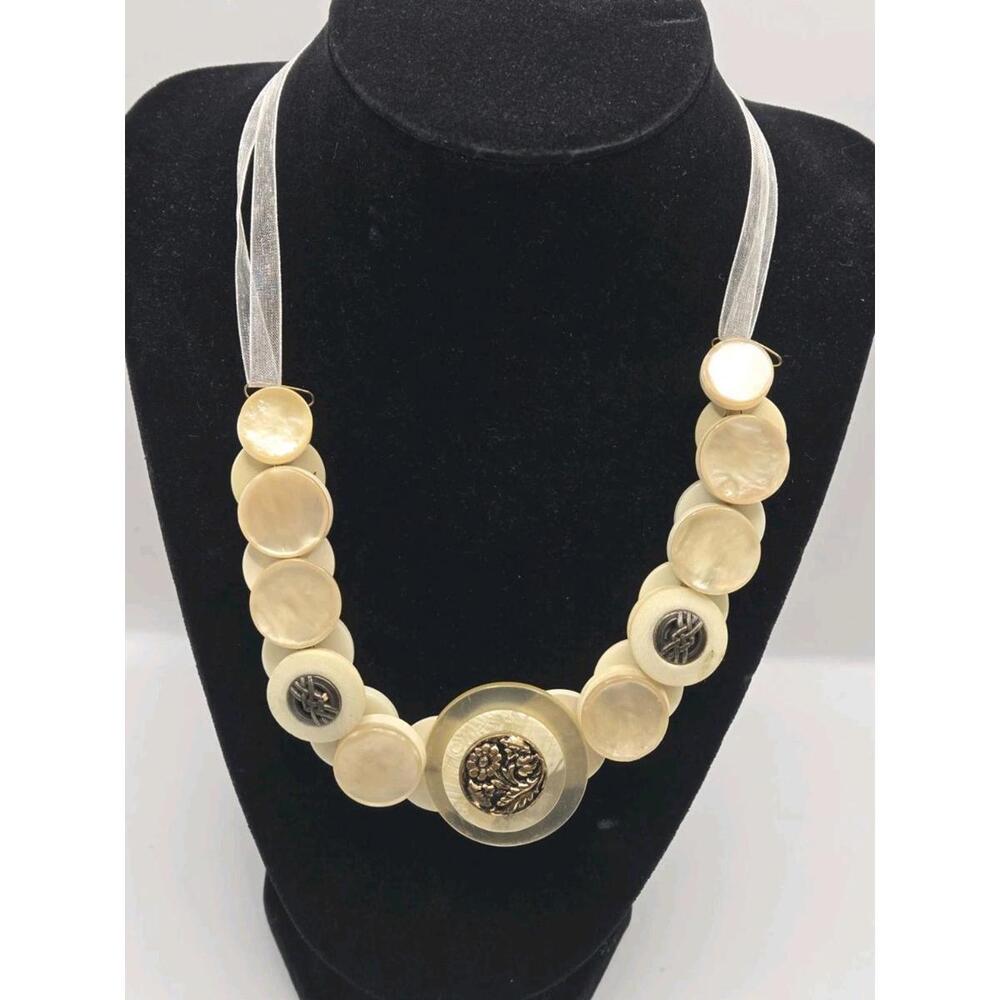 Vintage Mother of Pearl Button Bib Necklace Chunky Shell Disc Ribbon Statement
